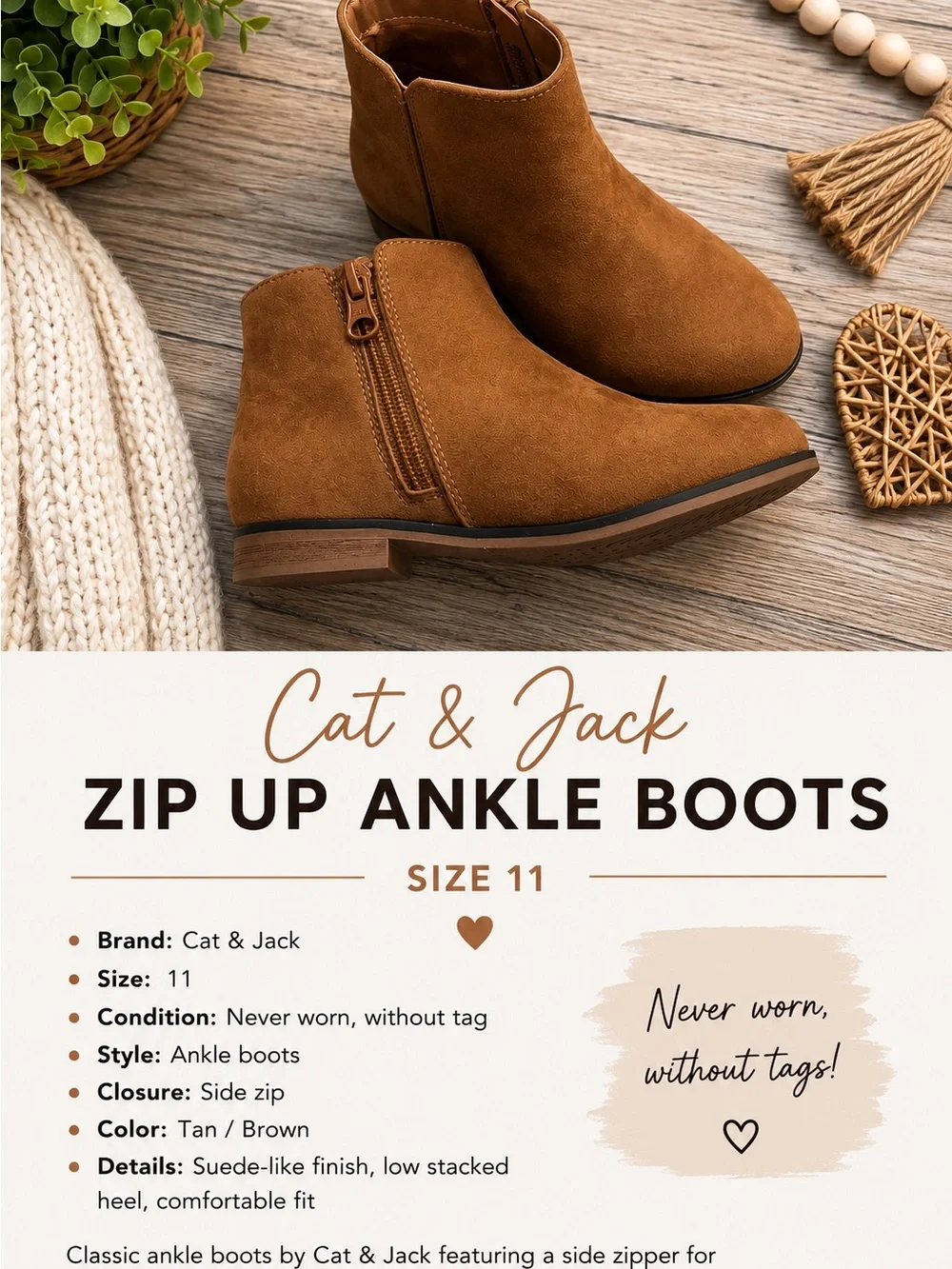 Cat & Jack Brown Suede-Look Zip Ankle Boots